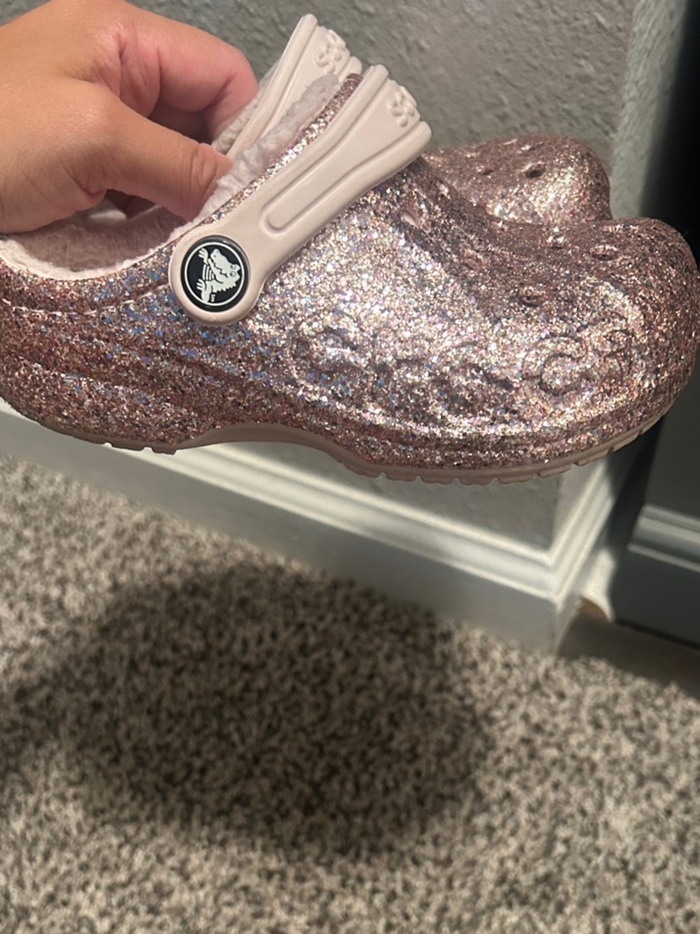 CROCS Kids Glitter Clog in Rose Gold with Light Pink Strap